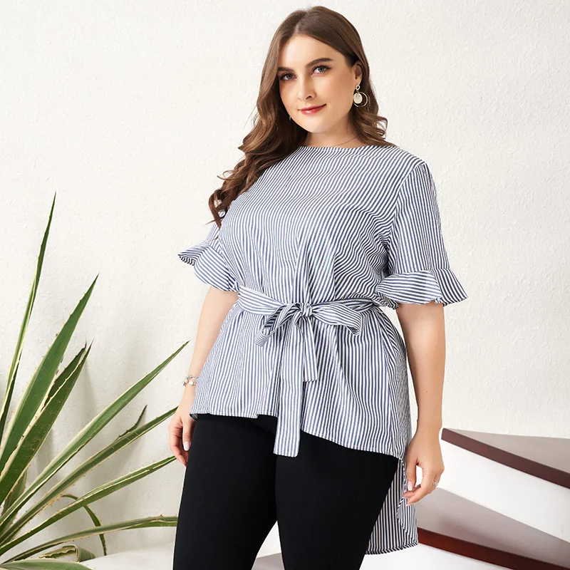

Summer New Women's Plus Size Loose T-shirt 2022 Blue Stripe Short Flared Sleeves O-neck Bow Tie Belt Sweet Crop Tops Clothing