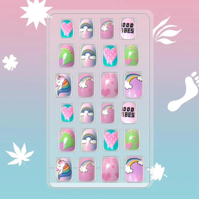 

24Pcs Children Fake Nails Unicorn Candy Color Rainbow petal Design Blue Cloud Star Short Artificial Full Cover Children Nail Art