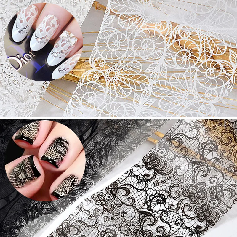 

FlorVida 20cm 20 colors Set Nail Art Foil Transfer Stickers Black Lace White Sliders For Nails Design Manicure Salon Decorations