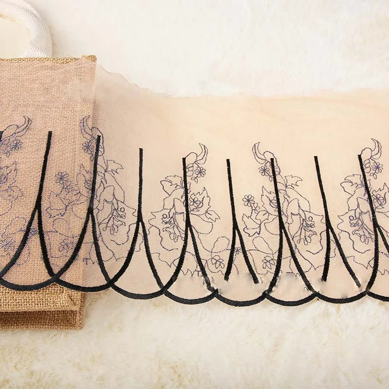 

10Yards Embroidered Lace Trim Black Edge Floral Mesh Lingerie Bra Underwear Handmade Doll's Dress Sewing Fabric Craft 21cm Wide