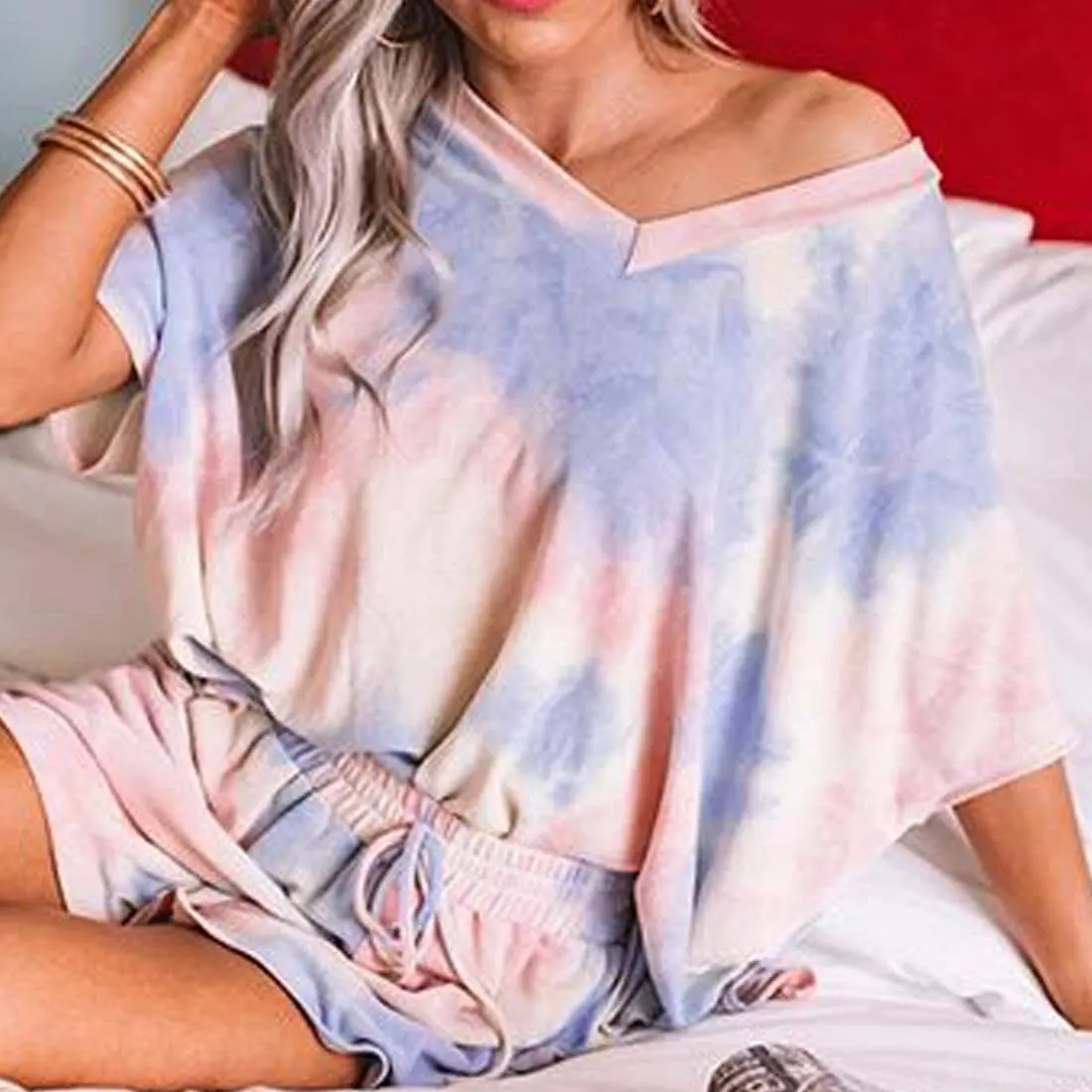 

2021 Fashion Women Sleepwear Set Tie-dye Leisure Short Sleeve Pajama Set Female Nightwear Top Sport Shorts Homewear Pigiama