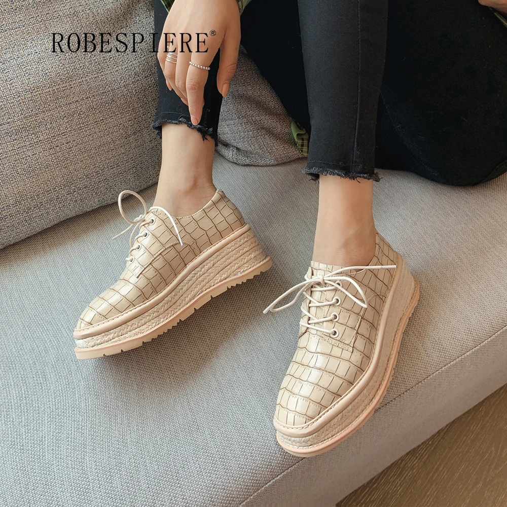 

ROBESPIERE-2022 Spring And Autumn New Thick-soled Women's Pumps Stone Pattern Muffin Heel Shoes Leather Lace-up Shoes-A226