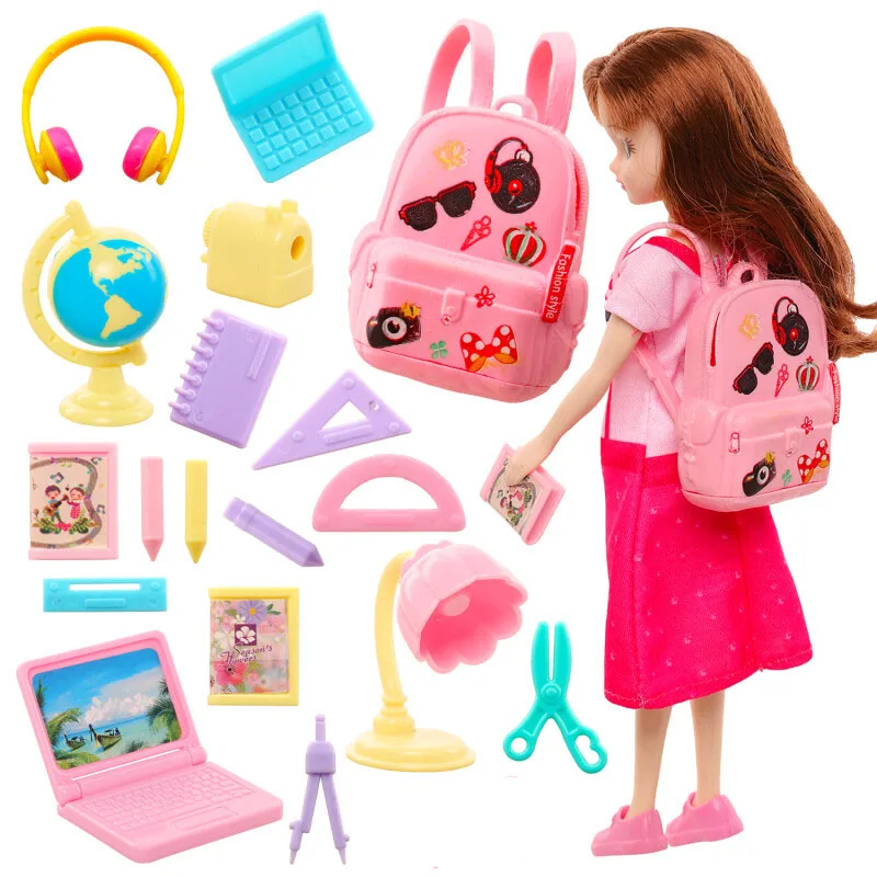 Fashion 18 Doll Furniture School Equipment Mini Classroom Accessories Set=15 School Supplies+1 School Bag+1 Computer+1 Headset
