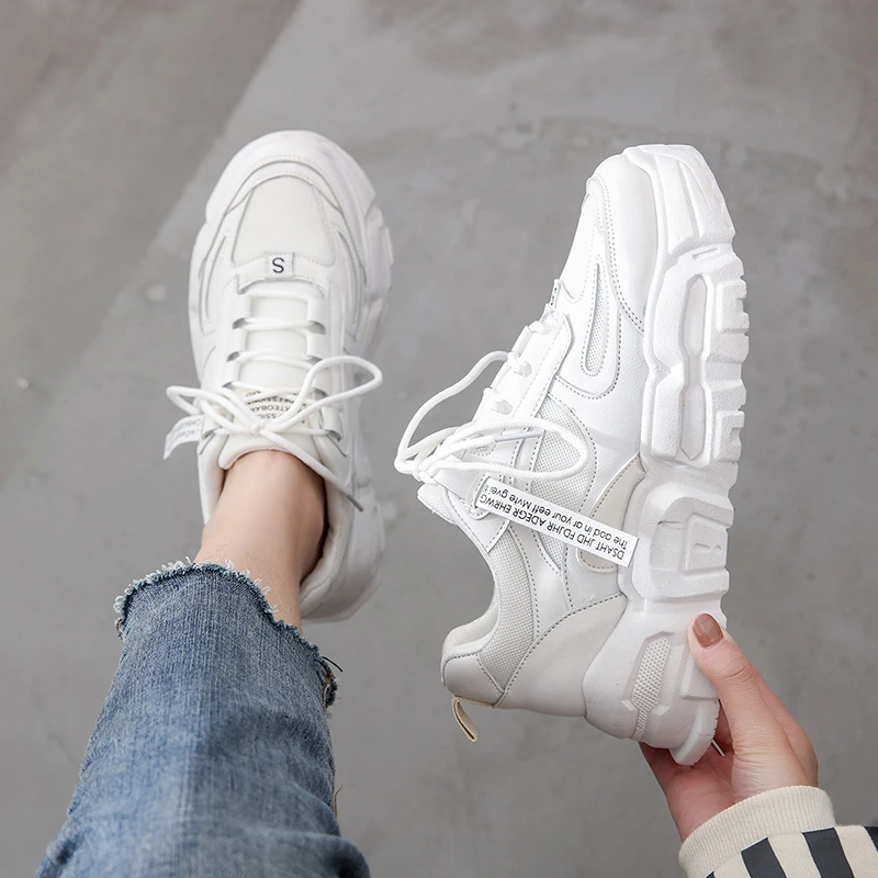 

2020 Women Chunky Sneakers Korean Fashion White Pink Lace Up Platform Vulcanized Shoes Female Walking Comfortable Trainers Shoes