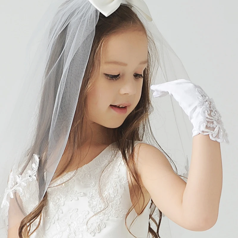 Retail High Quality elengent Flower Girl dress gloves Satin Silk Gloves White Short M/L Size 4-14Yrs free shipping | Детская одежда и