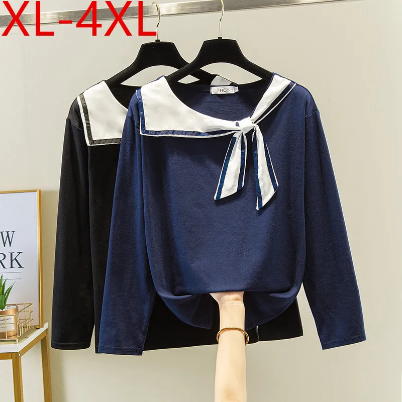 

Missfansiqi Spring Autumn Plus Size Women Bow Sailor Collar Long Sleeve Cotton T-shirt Large Loose Casual Tops Tees 2XL 3XL 4XL