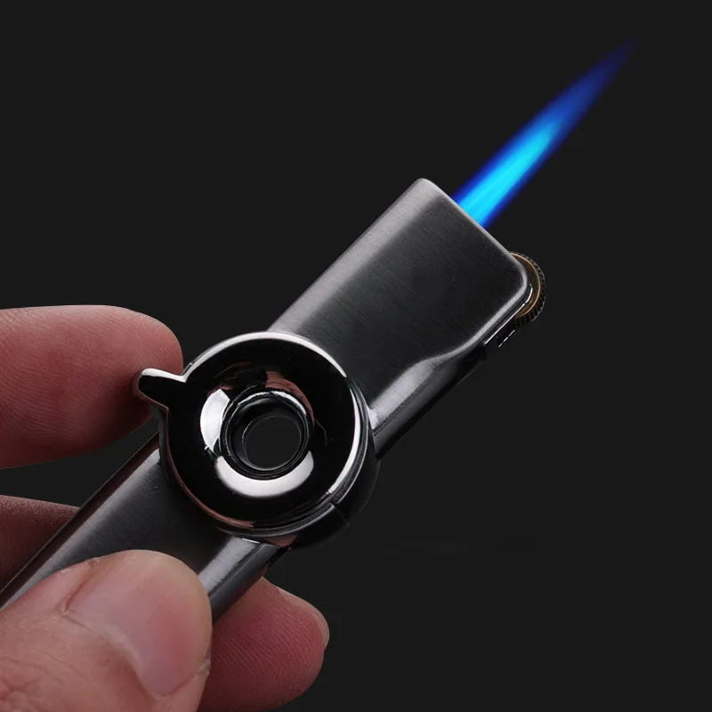 

Creative Personality Long Electroplated Metal Inflatable Straight Blue Flame Small Grinding Wheel Lighter Windproof