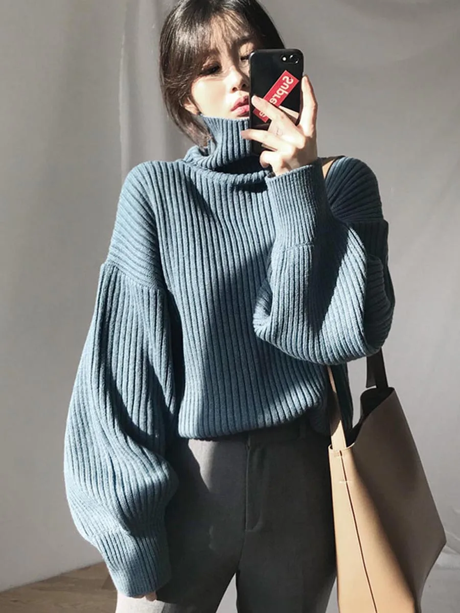 Корейский стиль Свободный Полосатый рукав фонарик пуловер водолазка свитер