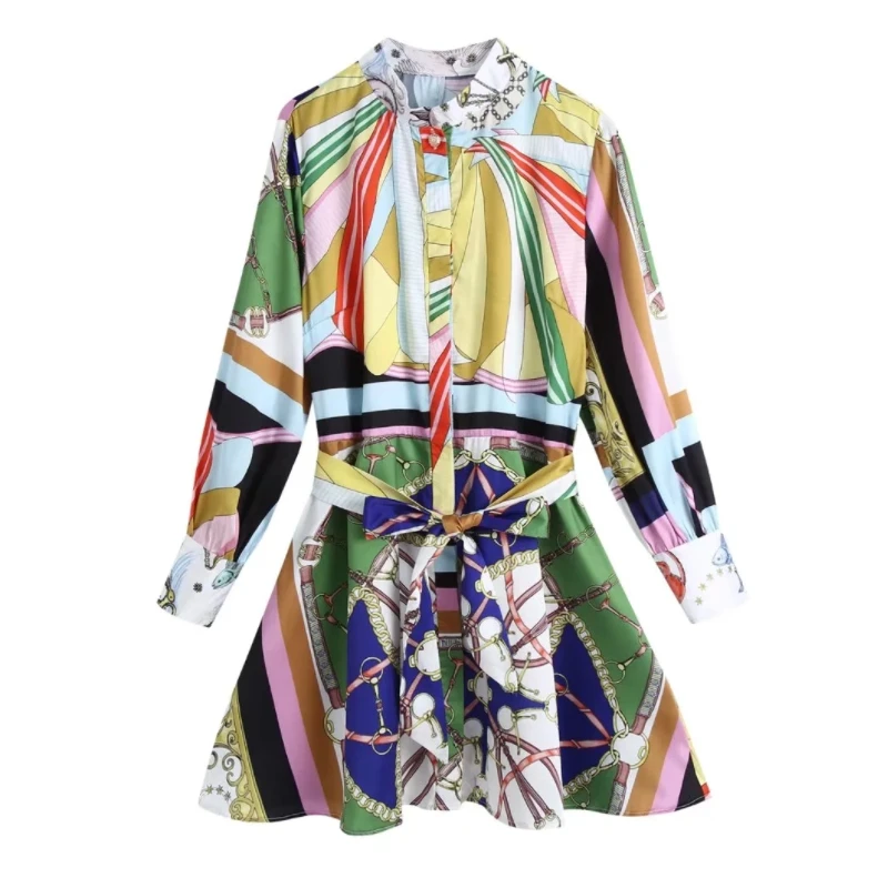 

Vintage Women Patchwork Printing Sashes Shirt Dress Female Long Sleeve Clothes Casual Lady Loose Vestido D9036