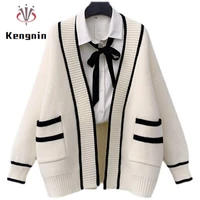 2021 new autumn winter women sweater cardigans loose pockets fashion ladies basic coats striped thick female jackets kn285