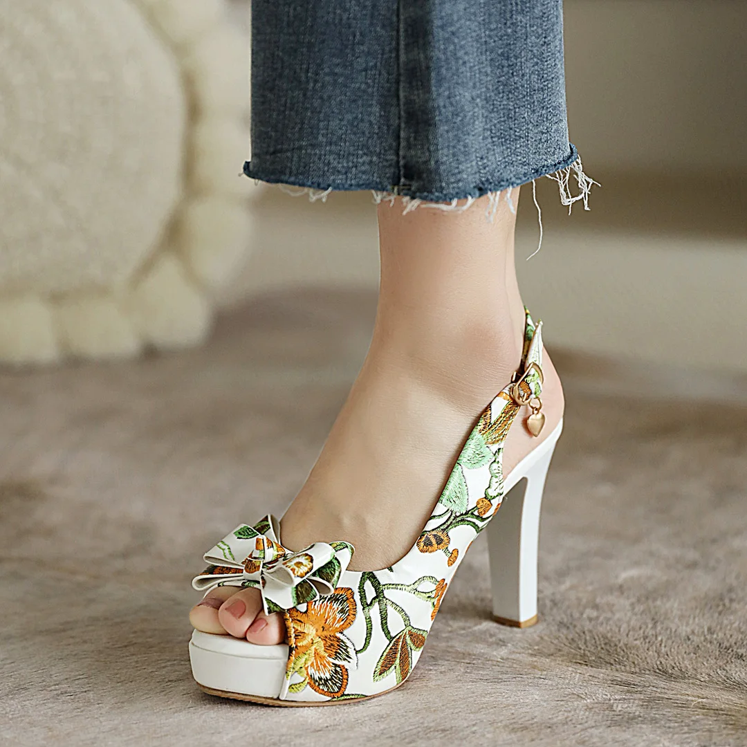 

2021 Spring New Pattern Bow Knot Thick Heel High Heels PU Printed Super High Heel Waterproof Platform Fish Mouth Sandals
