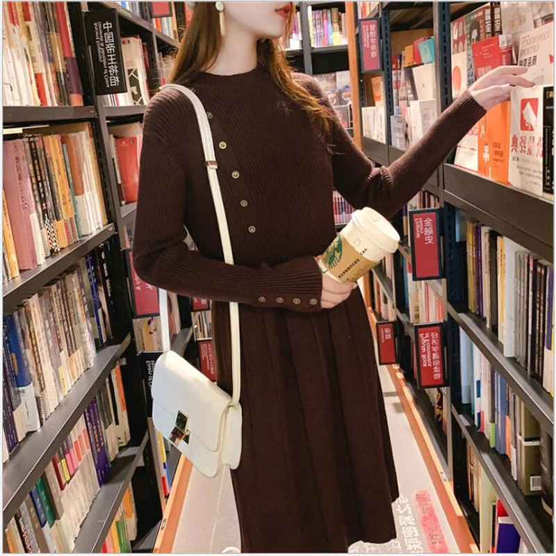 Женское трикотажное платье-свитер повседневное плиссированное платье-трапеция