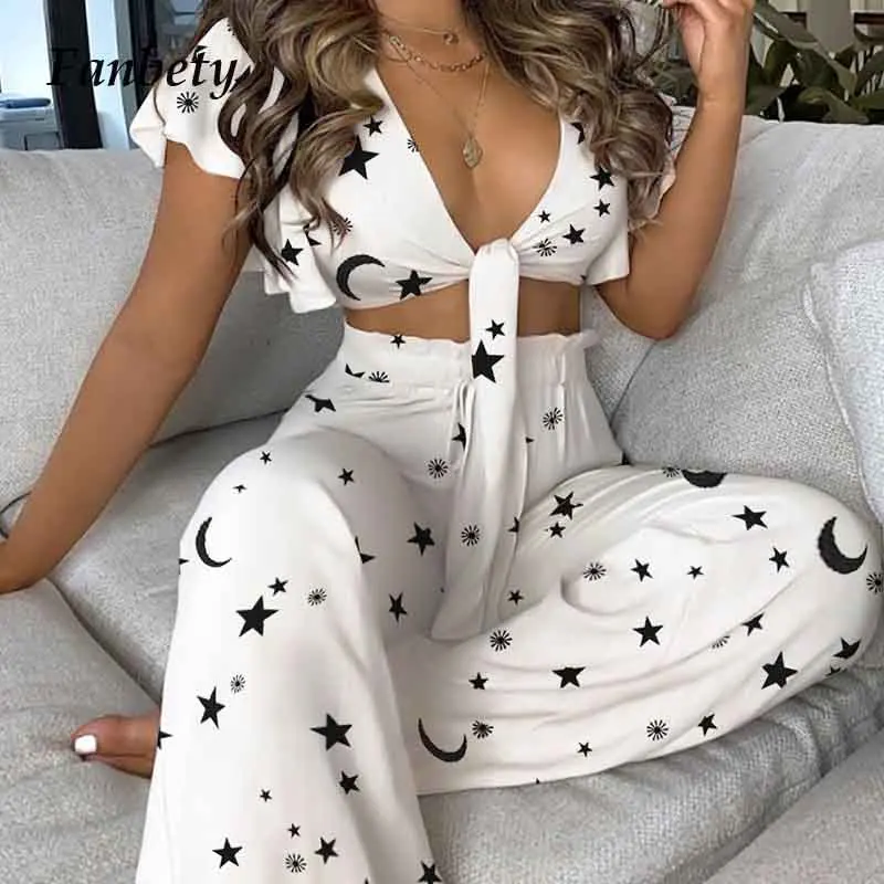 

Sexy Off Shoulder Sleeveless Two Piece Set Summer Women Elegant Bow Tie Sets Ladies 2021 New Fashion Casual Boho Suit Streetwear