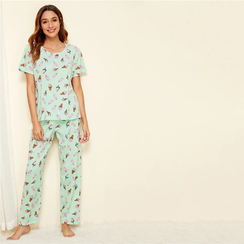 SHEIN зеленый пижамный комплект с принтом мороженого, Повседневная Пижама с короткими рукавами и длинными штанами, пижамный комплект для женщин, летняя женская пижама, пижамные комплекты