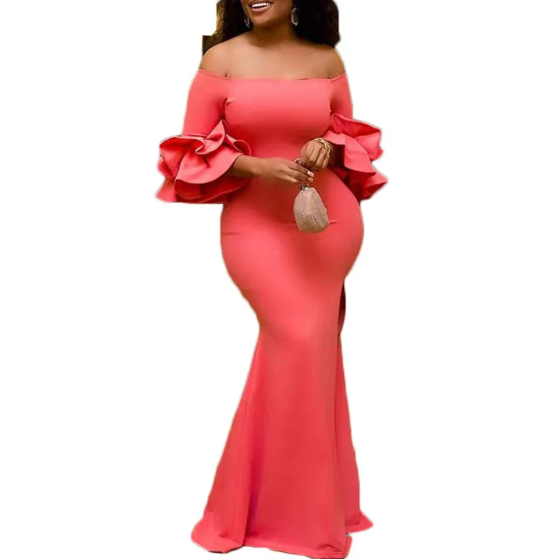 

Western Style 2021 Summer Mermaid Women's Dress Fashion Temperament Elegant Solid Color One Shoulder Lotus Sleeve