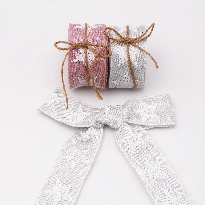 Рождественская хлопчатобумажная лента 38 мм с розовым/серебряным блеском принтом