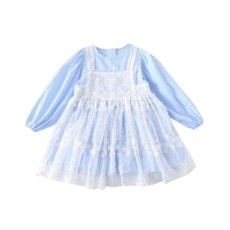 Spring New Arrival Korean style cotton striped matching flowers mesh princess long sleeve dress for cute sweet baby girls | Детская