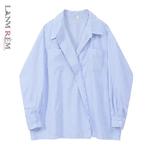 LANMREM 2021 Весна новое поступление полосатая рубашка с отложным воротником в Корейском стиле однобортная синяя свободная рубашка для женщин 2A3214