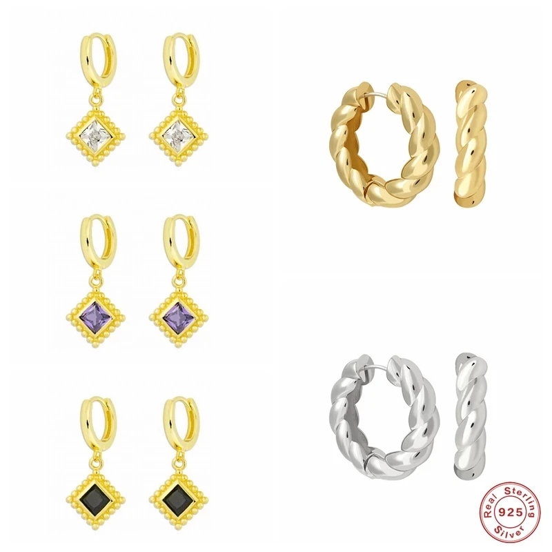 

Aide 925 Sterling Silver Twisted Hoop Earrings For Women Square Purple Black White Zircon Pendant Circle Huggie Earrings Jewelry