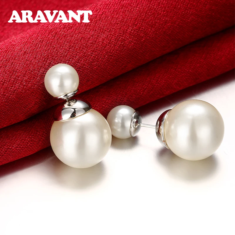 

925 Silver Double Pearl Earrings For Women Wedding Jewelry Gifts