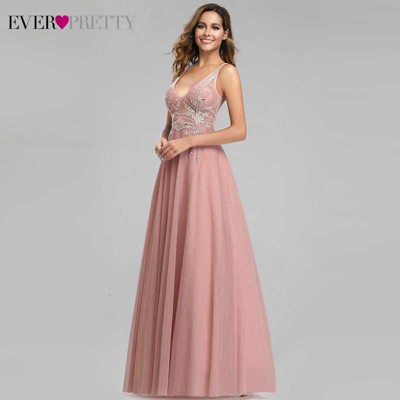 Luxury Evening Dresses Long Ever Pretty A-Line Double O-Neck Beaded See-Through Sexy Formal Evening Gowns Abendkleider
