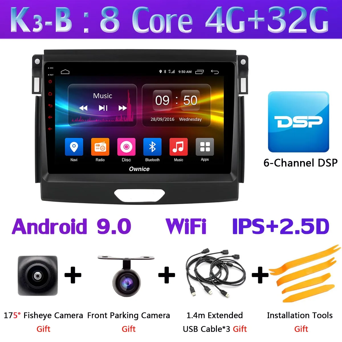 K3-B Панорамная камера 360 ° 4G LTE WiFi 8 ядерный Android 9,0 4G+ 64G SPDIF DSP CarPlay Автомобильный плеер для Ford Ranger- gps радио - Цвет: K3-B