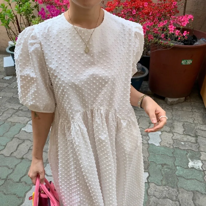 

Women Long Dress 2021 Summer Casual O-neck Puff-Sleeve Oversize Dots Elegant Female Dress Ladies Sweety Loose Vestidos Femme