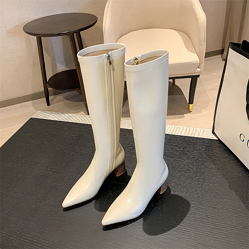 

ANNYMOLI женская обувь зимние сапоги до колена на среднем каблуке с острым носком длинные сапоги на толстом каблуке 2021 Женская модная обувь осе...