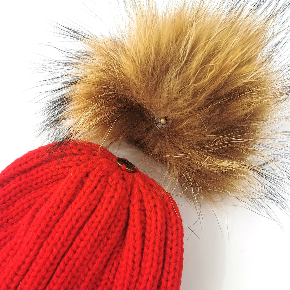 Winter Beanie Hat Knitting Detachable Pom Pom Real Raccoon Fur Ball Top Custom Designer Beanies Caps