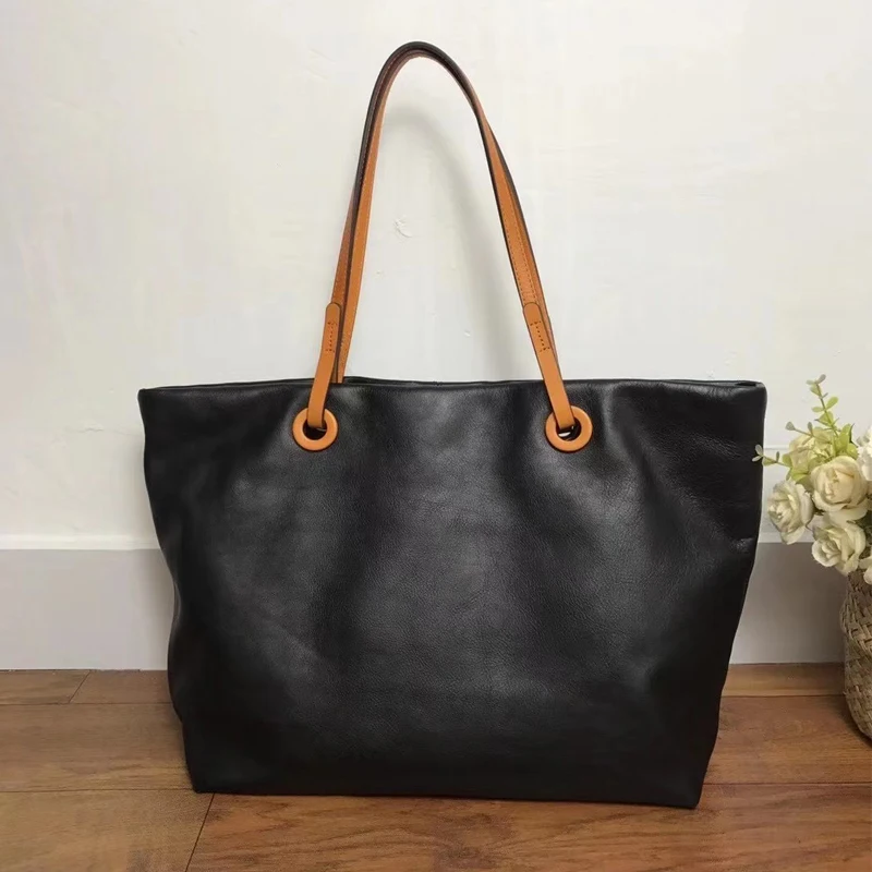 

Leather Shopping Bag Soft Large-Capacity Tote Ladies First Layer Cowhide Niche Original New Style With Zipper