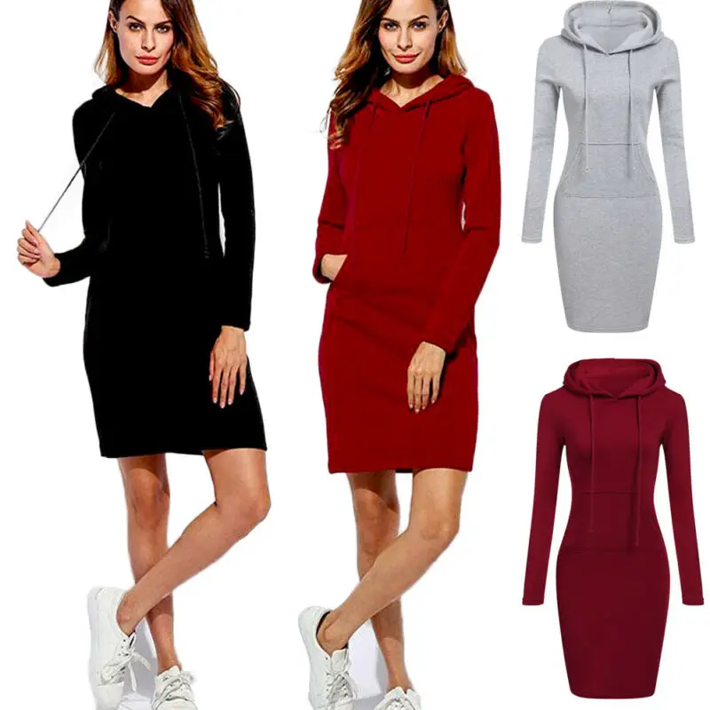 

2019 New Women Casual Midi Dress Long Sleeve Hoodie Hooded Jumper Pockets Sweater Tops