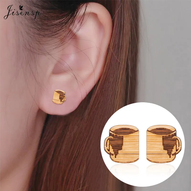 Jisensp Vintage Design Cute Cup Wood Earrings Fashion Jewelry for Women Unique Coffee Stud Gift | Украшения и аксессуары