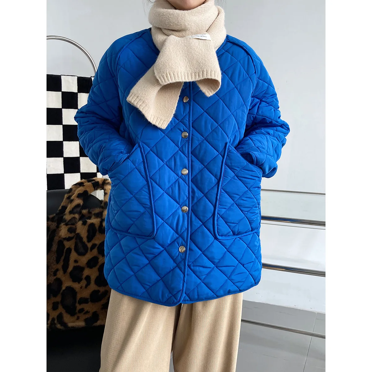 2021 Loose Padded Ladies Jacket  Women Winter Coat with Rhombus Pattern Single-breasted O- Neck Solid Color Thick Down Parka