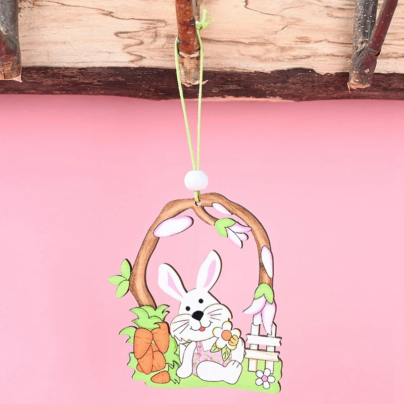 

8 Pcs Wooden Easter Pendant, Easter Bunny Painted Crafts Hanging Ornaments Hang Tags for Home Wall Door Decorations