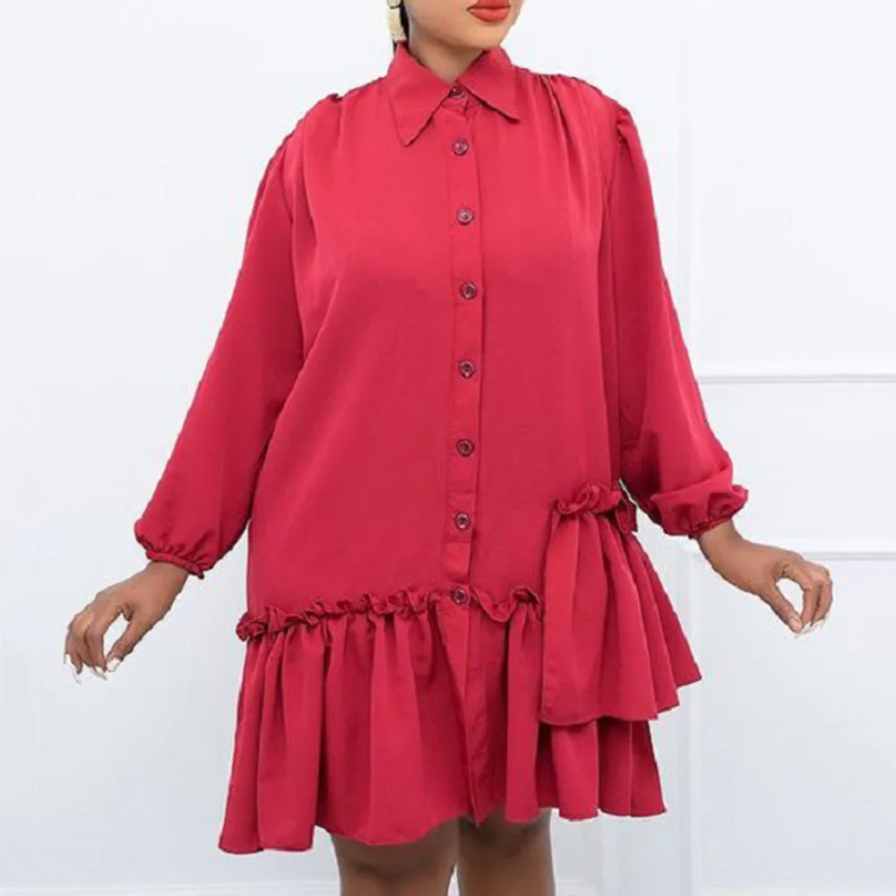 

Autumn New 2021 Casual Women Dress Red Irregular Loose Single Breasted Lapel Ruffle Long Sleeve African Fashion Women Dress