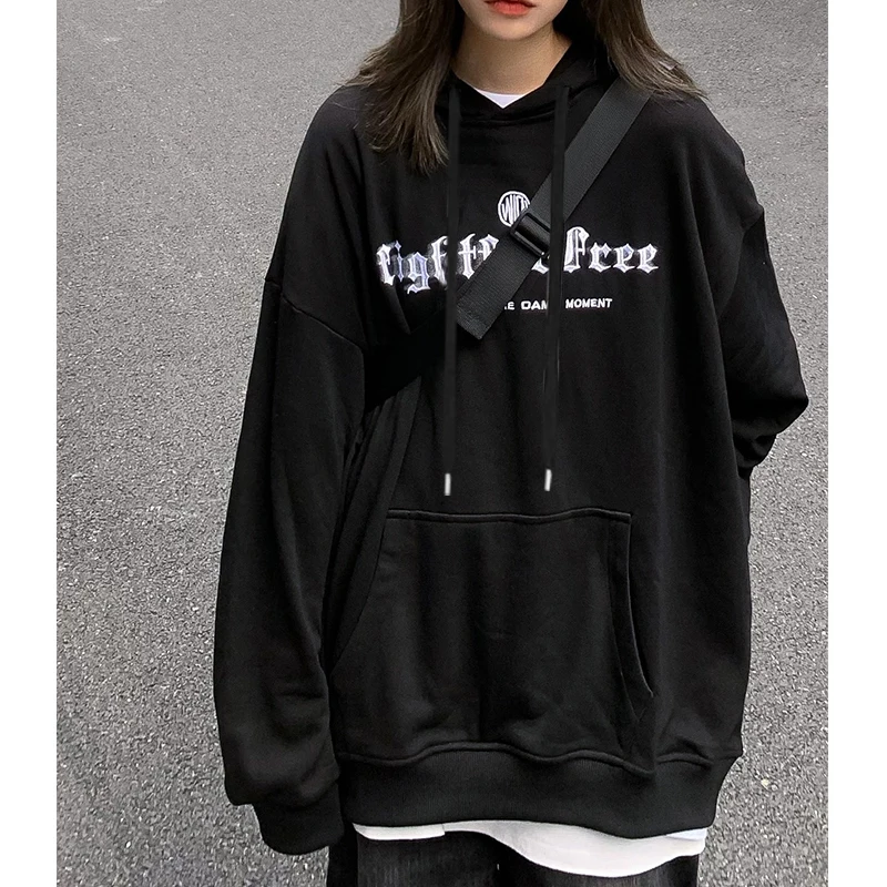 

2021 New Spring and Autumn Black Hooded Coat Sweatshirt Loose Trendy Letters Printed Long-Sleeved Top Women Harajuku Hoodie