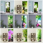 Зеленые бамбуковые обои с принтом орхидеи для двери, спальни, гостиной, домашний декор, дверные наклейки, растения, ПВХ, самоклеящиеся