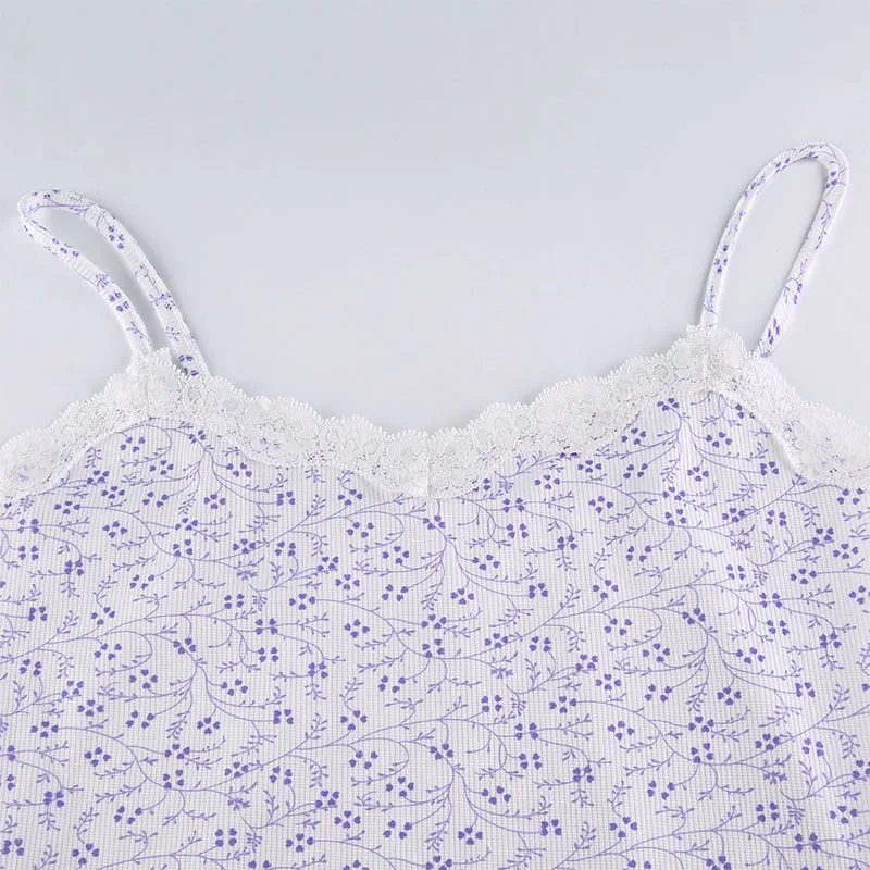 

Streetwear Summer Floral Print Sleeveless Mini Dress Casual Spaghetti Strap Short DressLadies Patchwork Lace White Women Dress