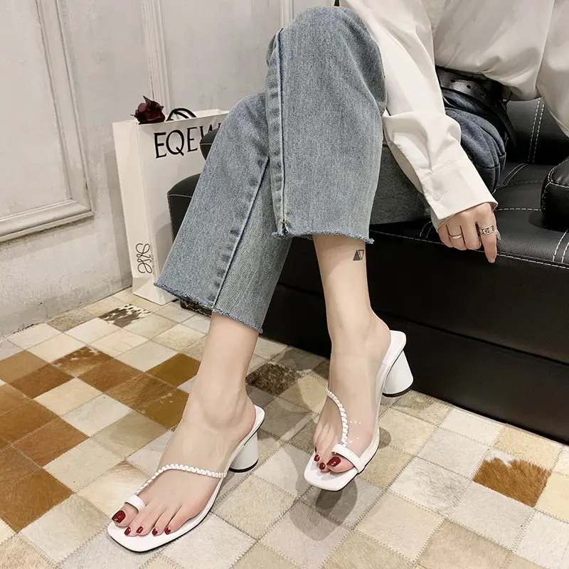

2020 summer new fashion clip toe high-heeled sandals and slippers wearing slippers female wild thick heel female slippers X170