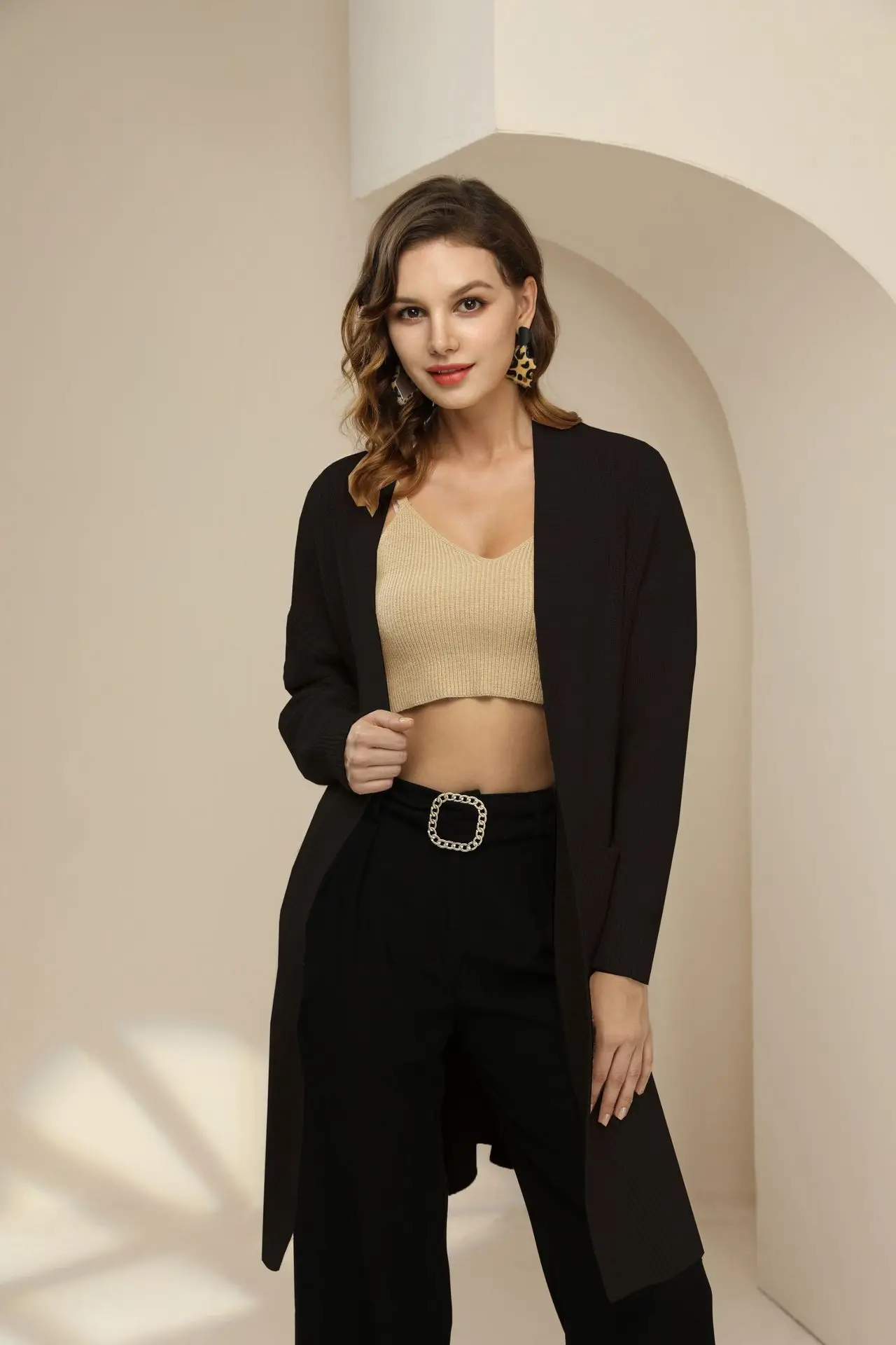 

2021 New Women Knitted Cardigan Solid Color Long Sleeve Open Front Knitwear with Pockets