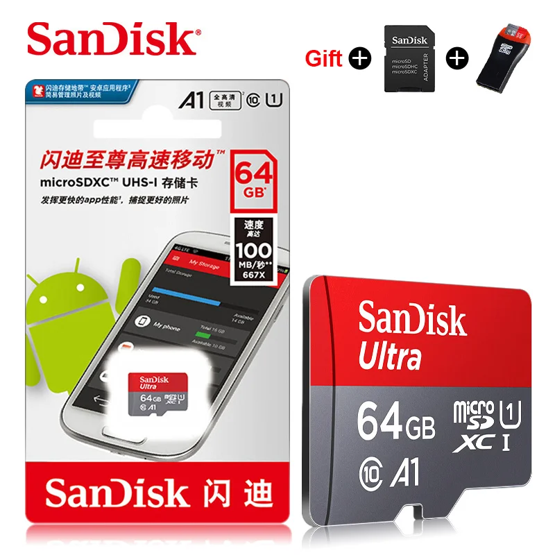 64 ГБ Оригинальная карта Micro SD sandisk 32 Гб класс 10 128 г/64 г SDXC 32 г/16 SDHC TF карта памяти Поддержка официальной проверки с адаптером - Емкость: 64 ГБ