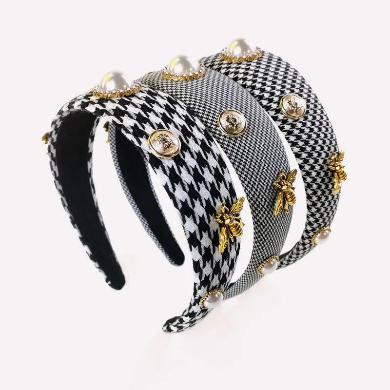 

Houndstooth Plaid Pearl Bee Hairbands For Women Headbands Hair Accessories for Girls Crown Knot Headband Hair Band