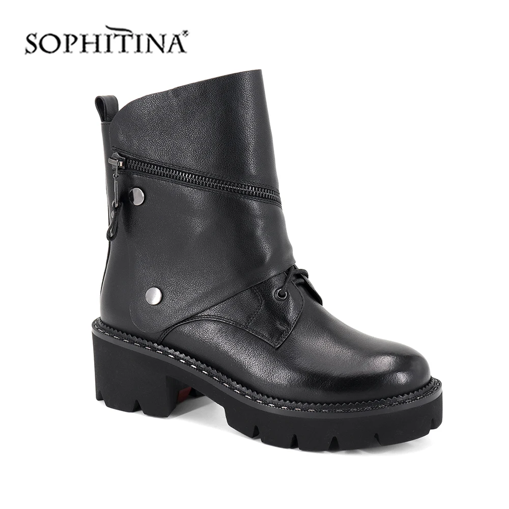 SOPHITINA/новые ботинки с металлическими украшениями; удобная обувь из высококачественной натуральной кожи с круглым носком; женские ботинки на квадратном каблуке; MC390