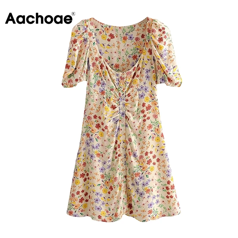 Aachoae Летнее мини платье в стиле бохо с цветочным принтом пышное повседневное