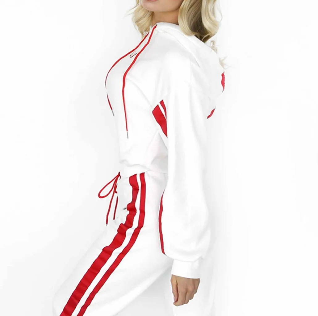 autumn two piece set Women Casual Colorblock Striped Hooded Long Sleeve Crop Tops+long Pants Running Workout Fitness Sports Suit