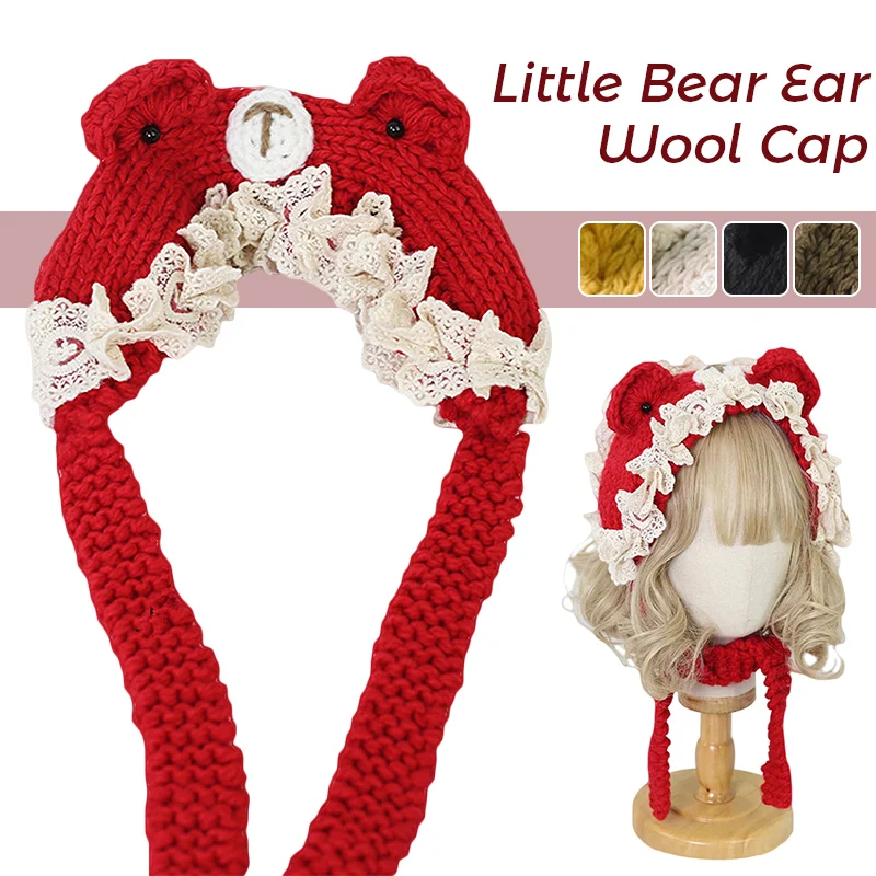 Японская шерстяная шапка с милыми медвежьими ушками милая трикотажная ручной