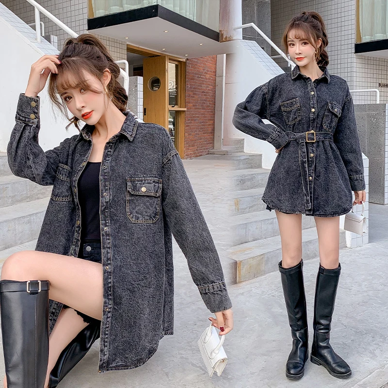 

2020 Autumn New Slimple Long Denim Coats Women Belted Long Loose Fashion Trend Ladies Thin Coats Outerwear