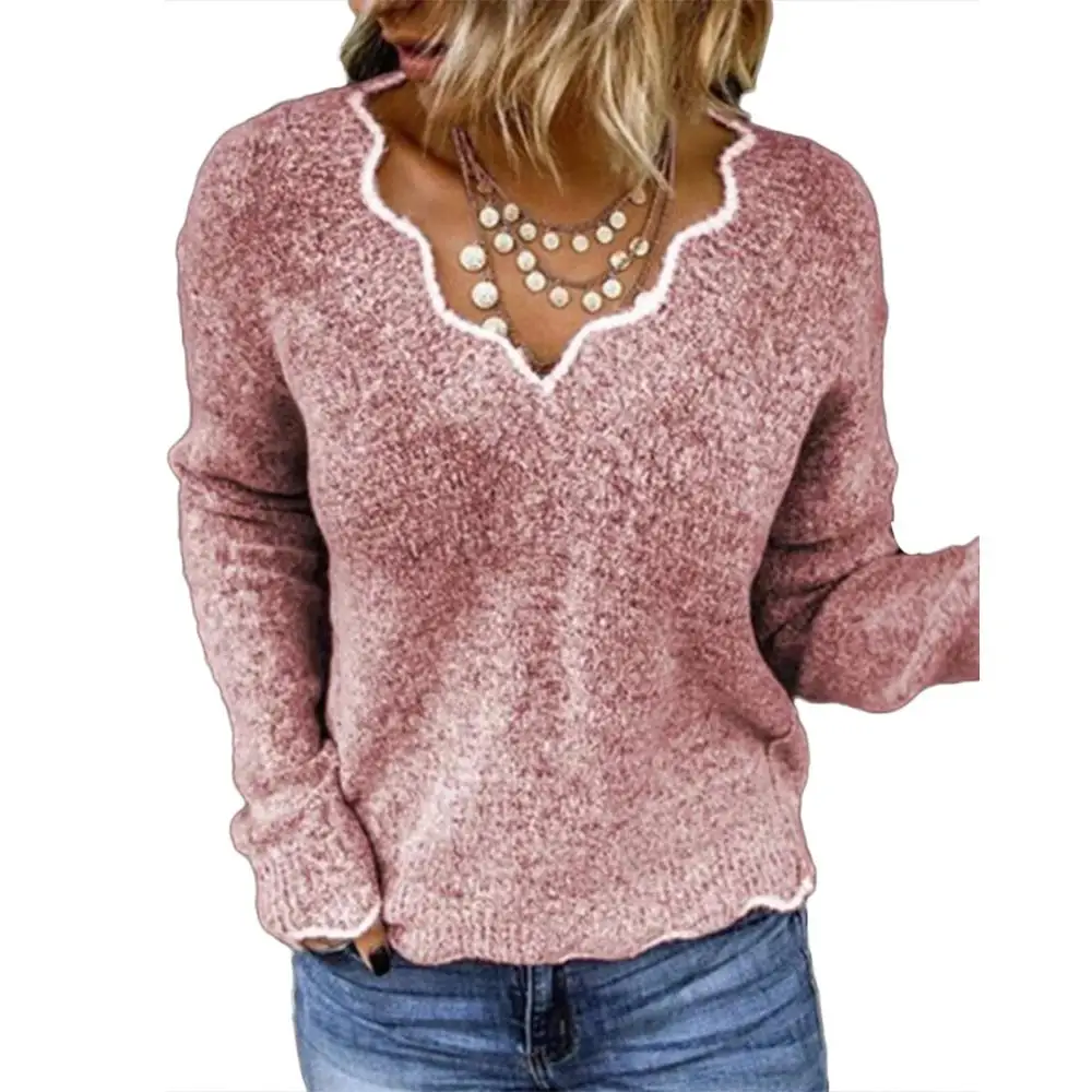 Модный однотонный осенне-зимний свитер с v-образным вырезом Женский вязаный