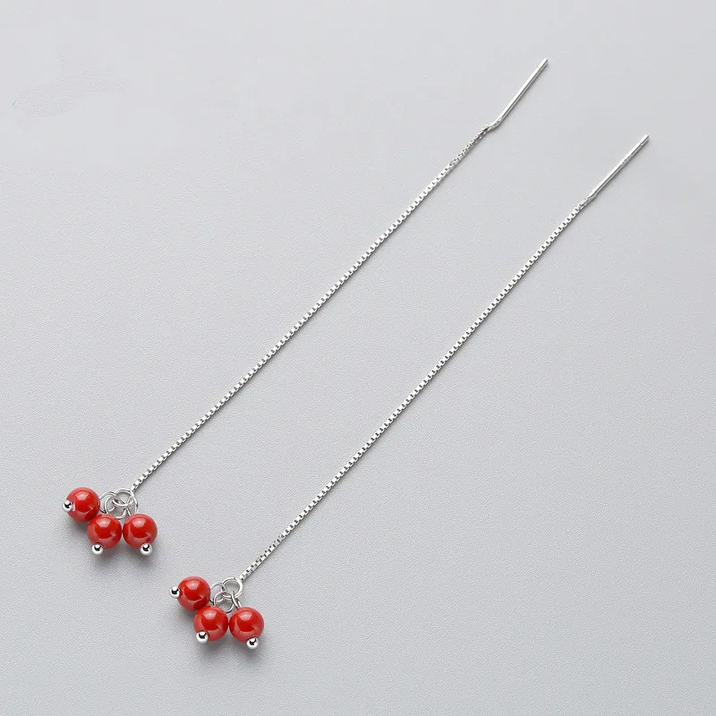 

925 пробы серебряные ювелирные изделия, красные серьги-вишенки, минимализм, милые длинные шелковые серьги в виде красных бобов, женские вечер...