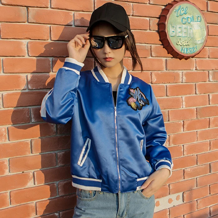 2018 весна осень Женская Повседневная бейсбольная куртка Вышивка синяя с длинным